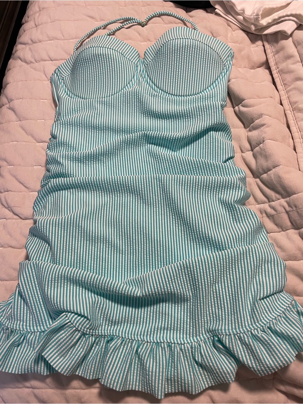 Jessica Simpson Aqua and White Striped swim dress